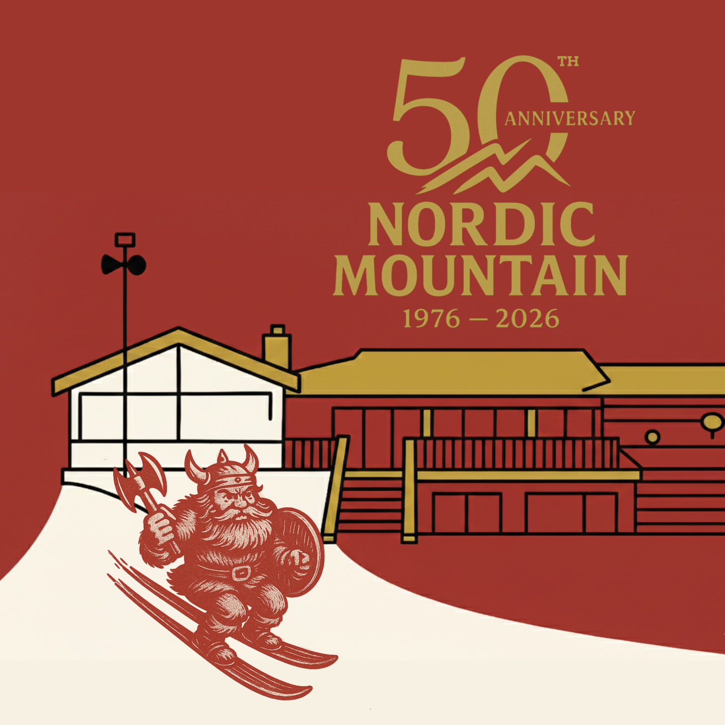 Viking skiing in front of Nordic Mountain lodge, 50th anniversary.