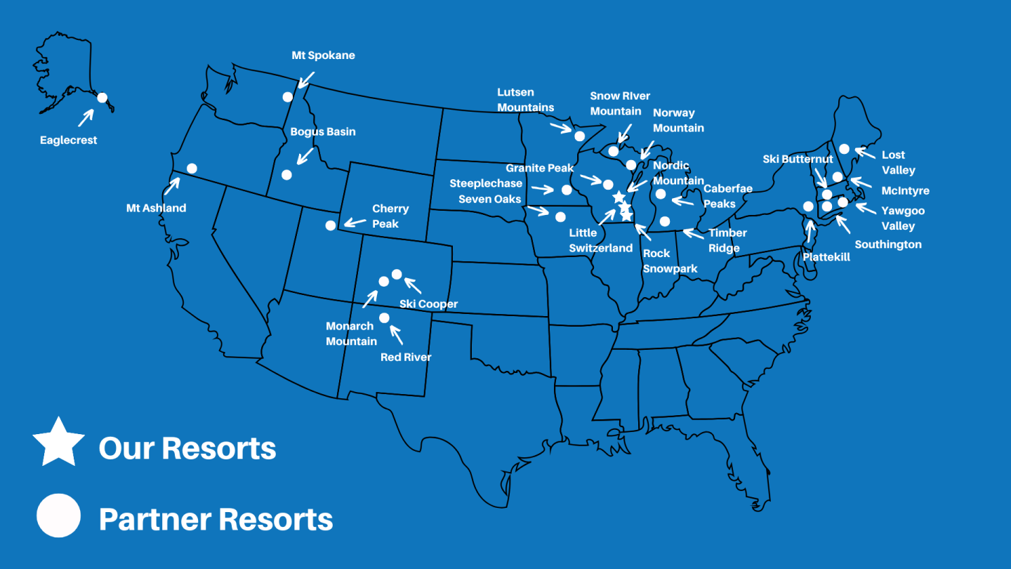 Map of US with starred and dotted resort locations.