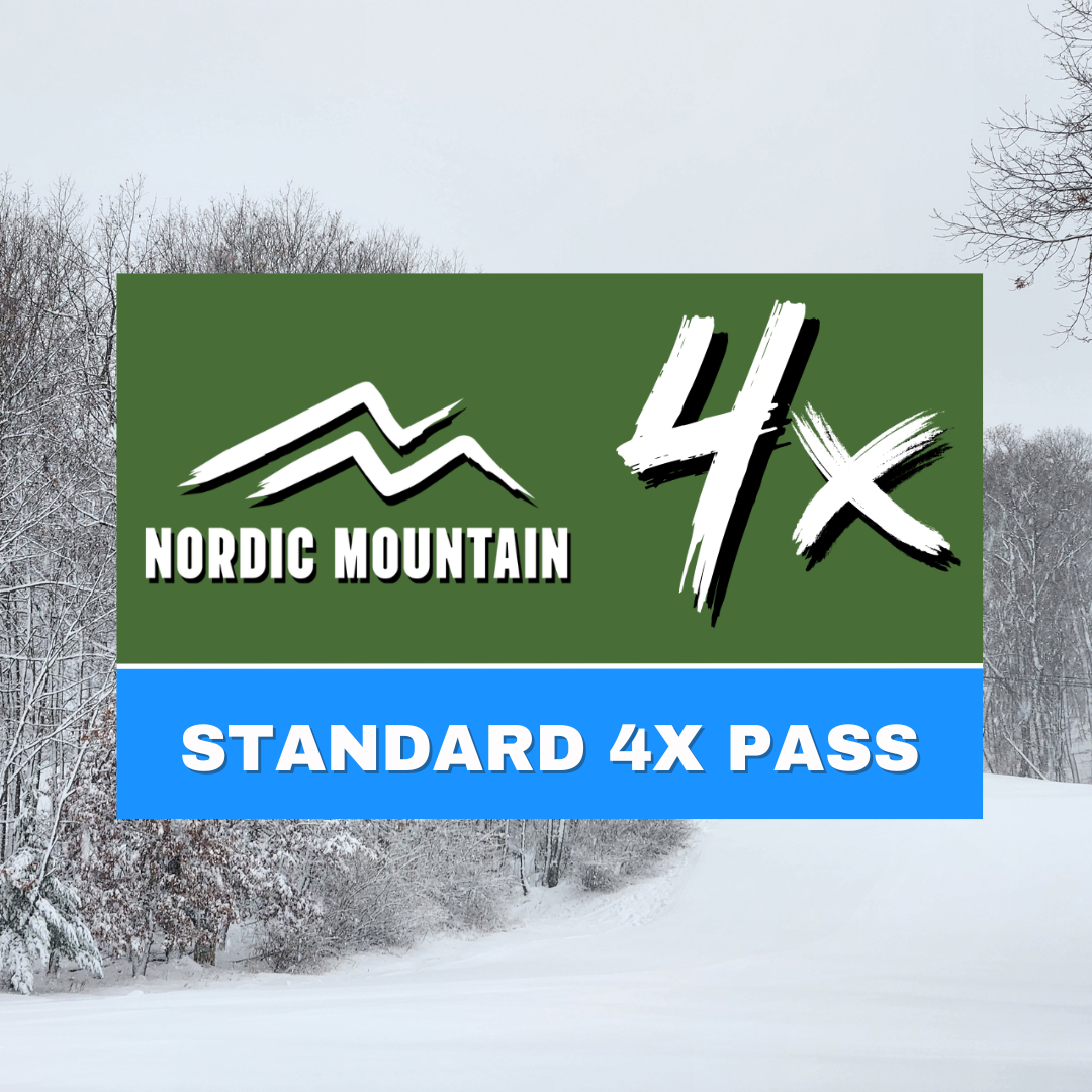 Nordic Mountain logo with a snowy forest background.