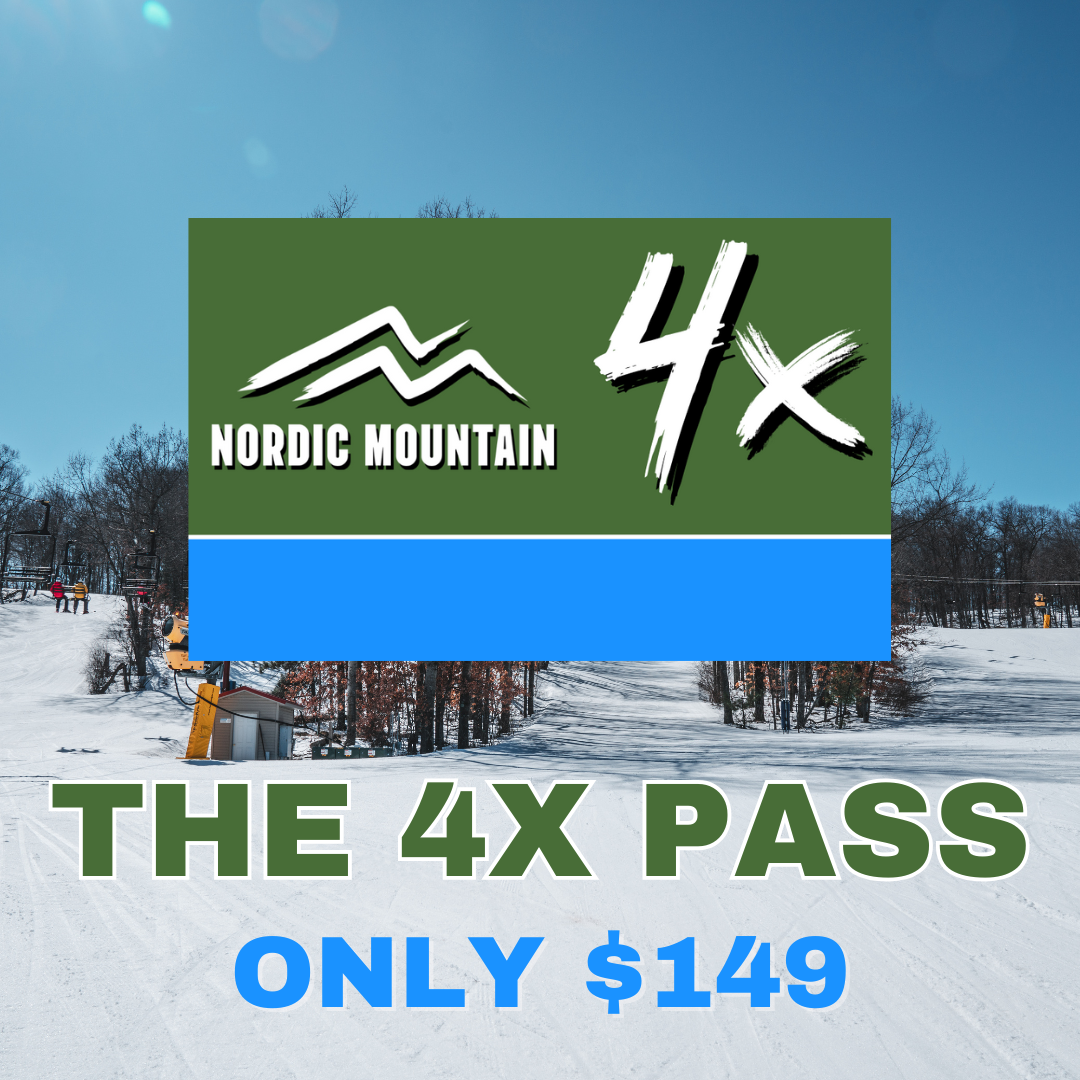 Nordic Mountain ski pass offer on snowy landscape background.