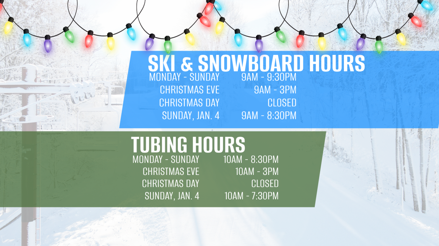 Ski and snowboard, tubing hours on snowy background with colorful lights.