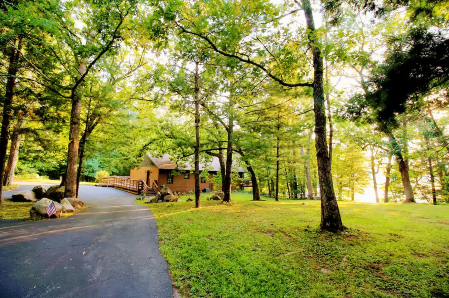 Path winding through lush forest with a cabin, dappled sunlight filtering through trees.