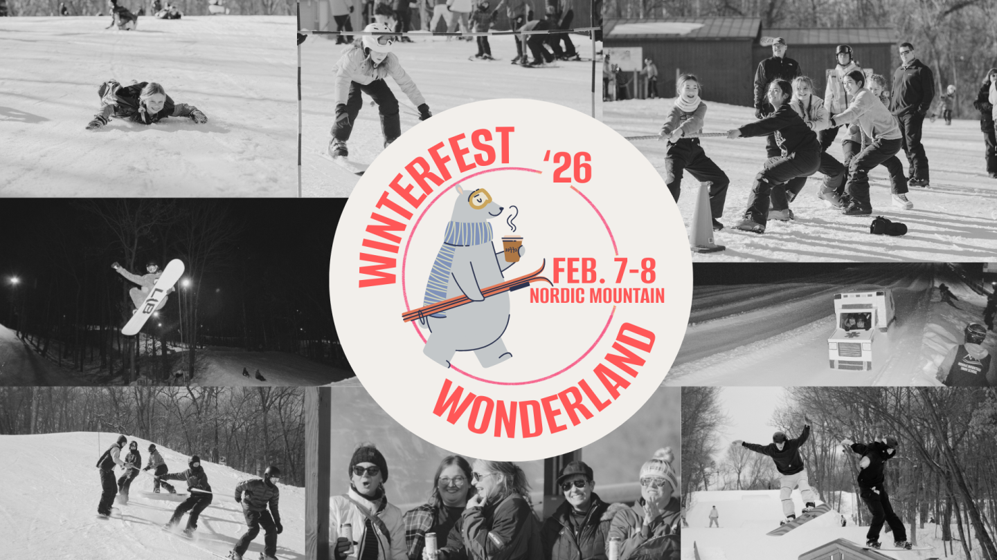 A collage of people enjoying winter sports, with a central logo of a penguin.