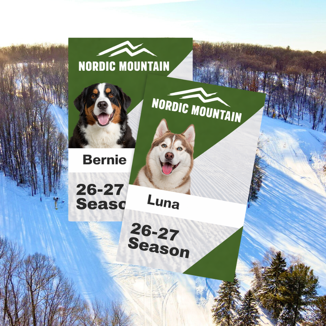 Ski resort season passes featuring dogs against a snowy mountain background.