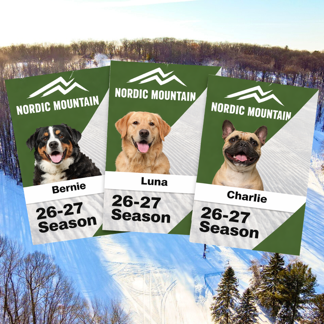 Three dog-themed Nordic Mountain season passes on snowy hillside background.