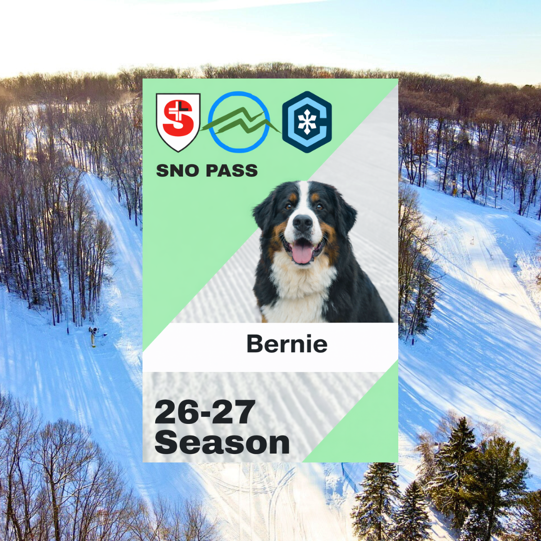 Ski pass design featuring a happy dog named Bernie over a snowy landscape.