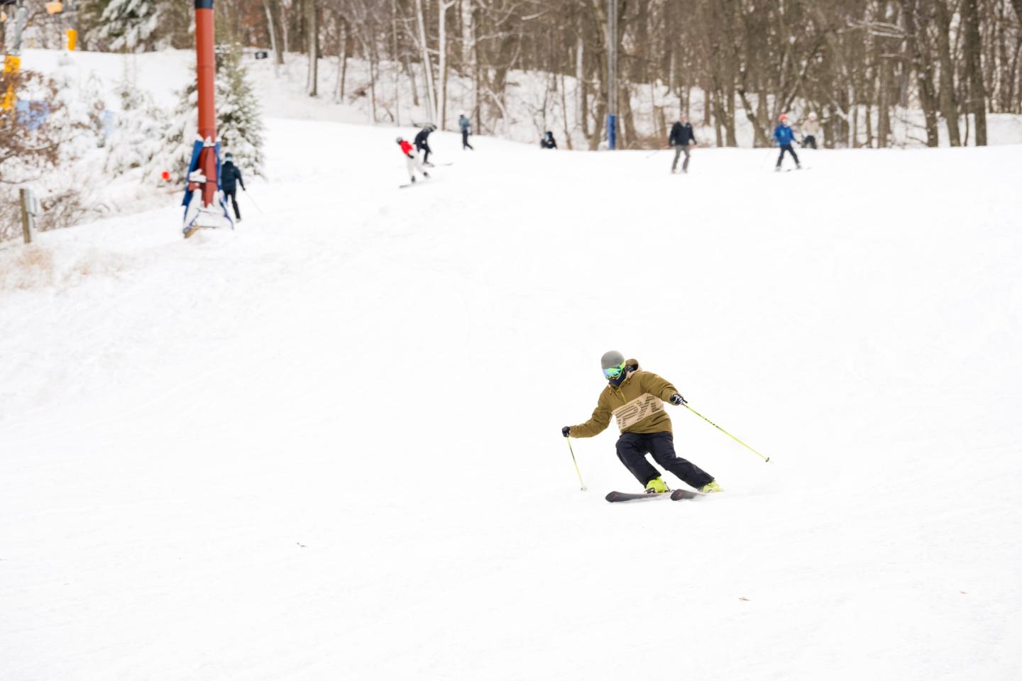 Skier carving down a snowy slope, with others skiing among bare trees.