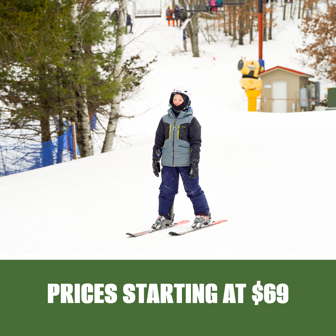 Snowboarder on a snowy slope above a green banner reading “Prices starting at $69”