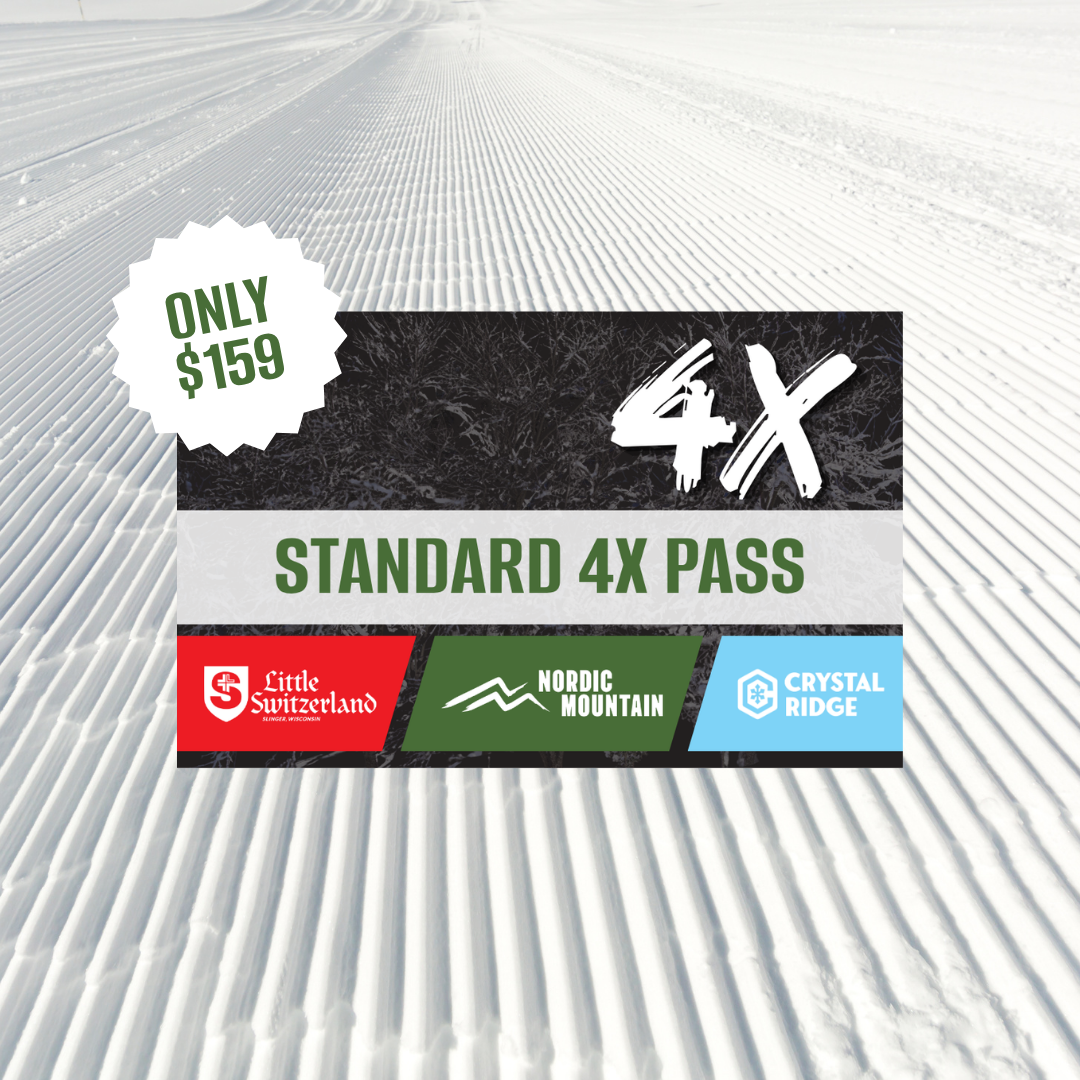 4X standard ski pass graphic with logos for Solitude, Nordic, and Brighton.