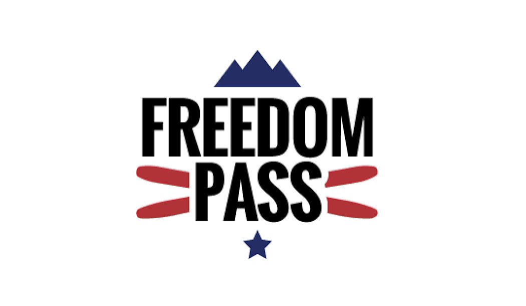 Freedom Pass logo with black text, red stripes, and a blue star.