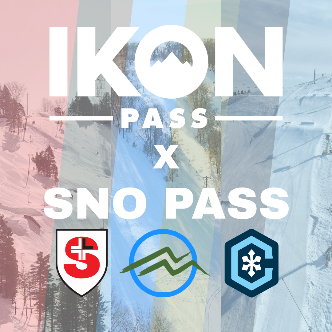 IKON Pass and Sno Pass logos over a snowy mountain backdrop